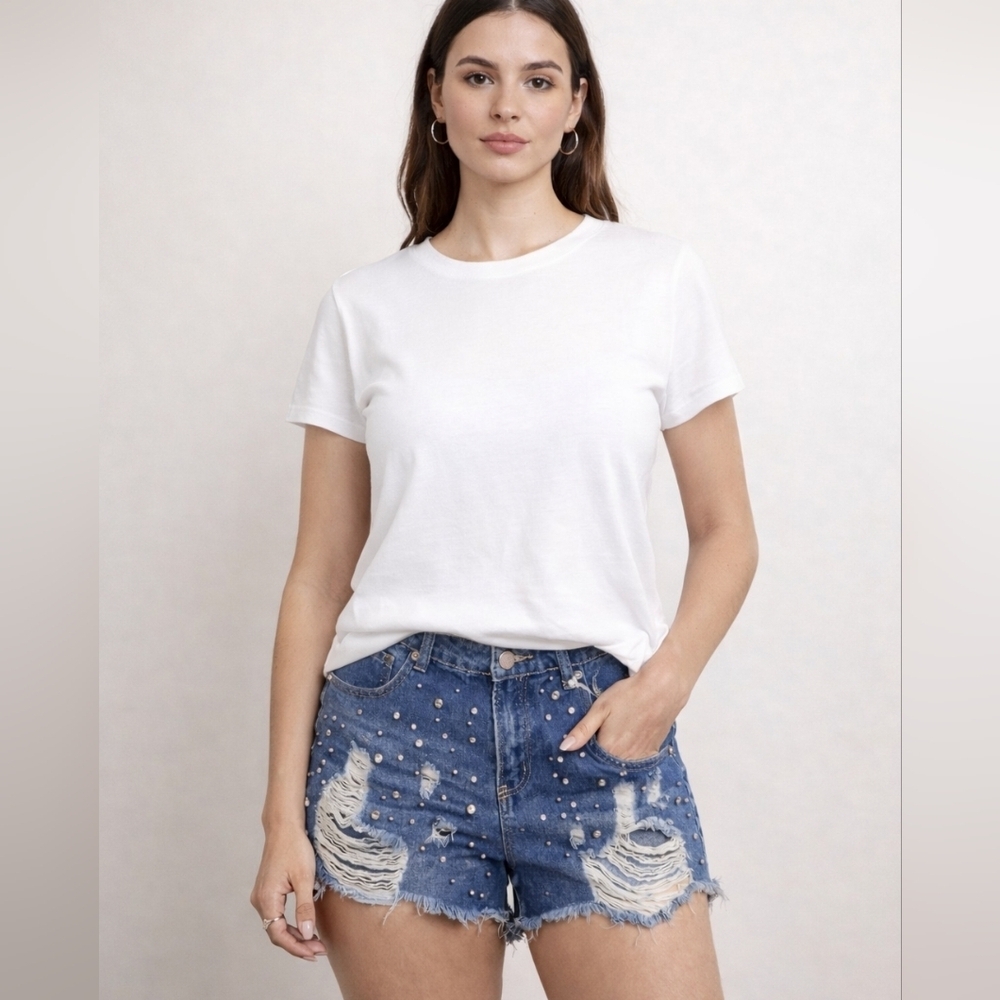 NWT Mele E Pere Distressed Jeweled Denim Blue Jeans Shorts, size Large